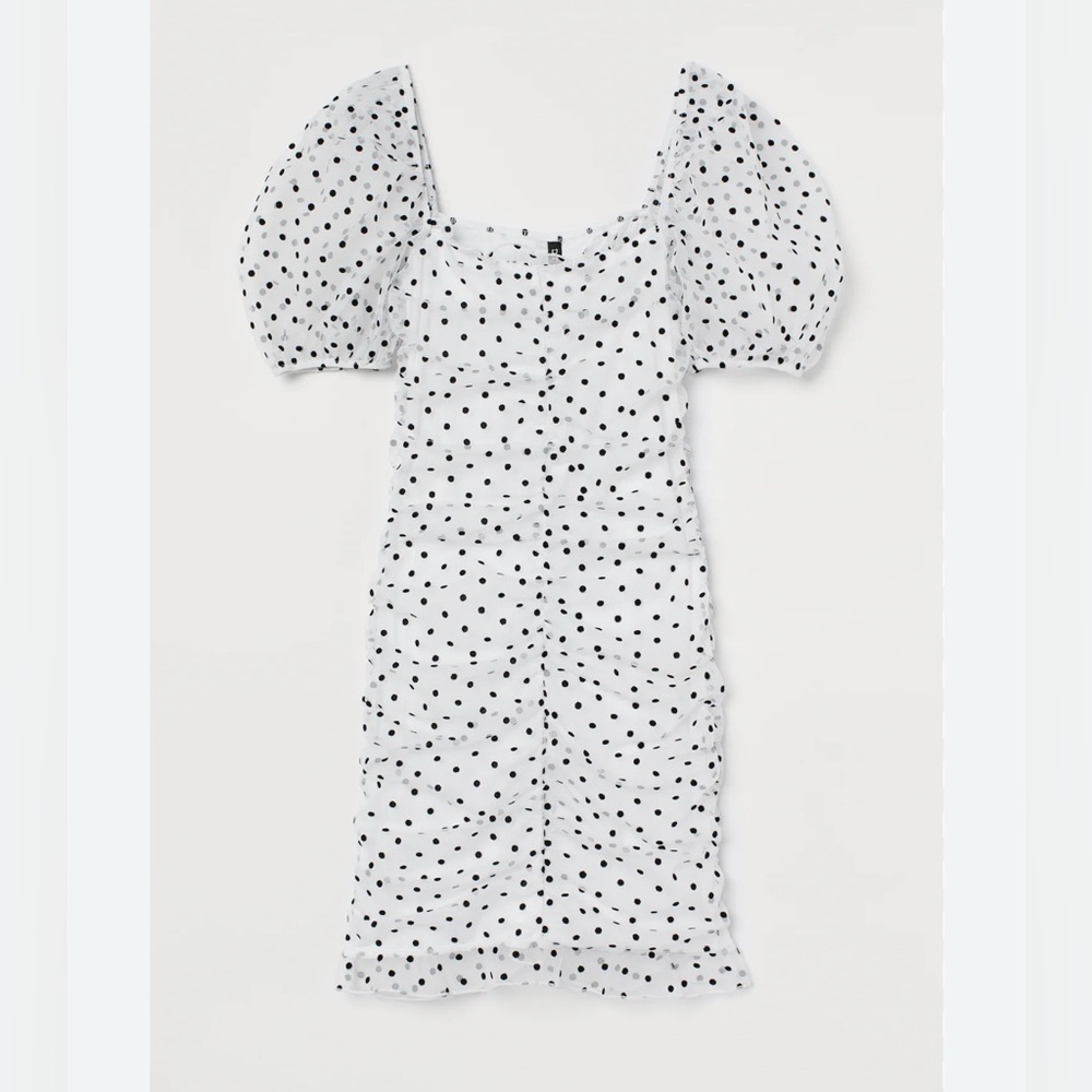 White Polka Dot Draped Tulle Dress with Puff Sleeves
